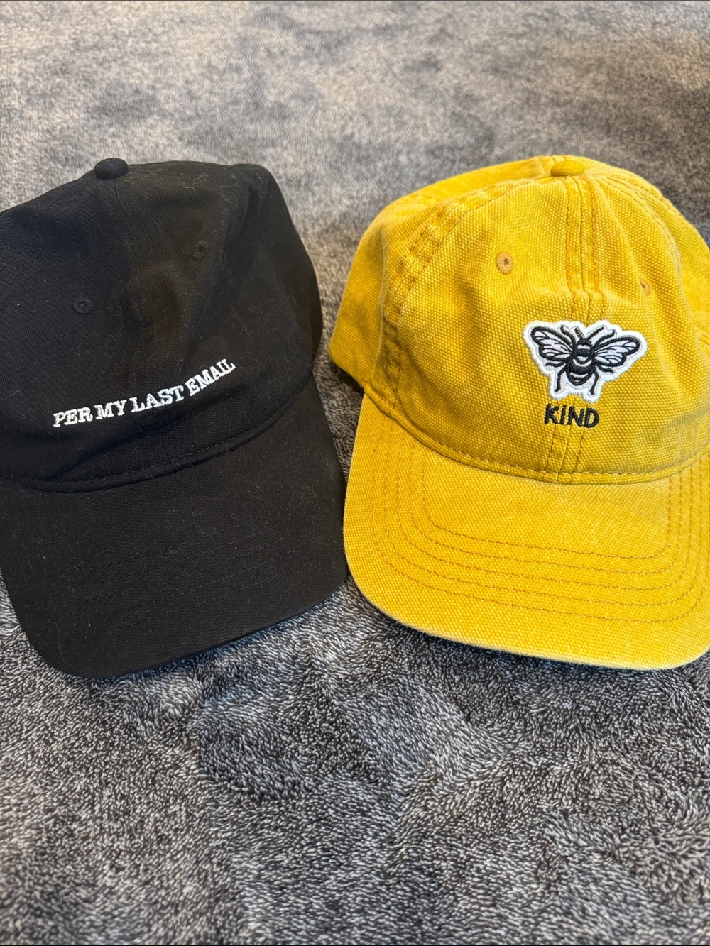 2 Graphic Dad Hats Bundle | Black “Per My Last Email” + Yellow Bee “Kind” Caps